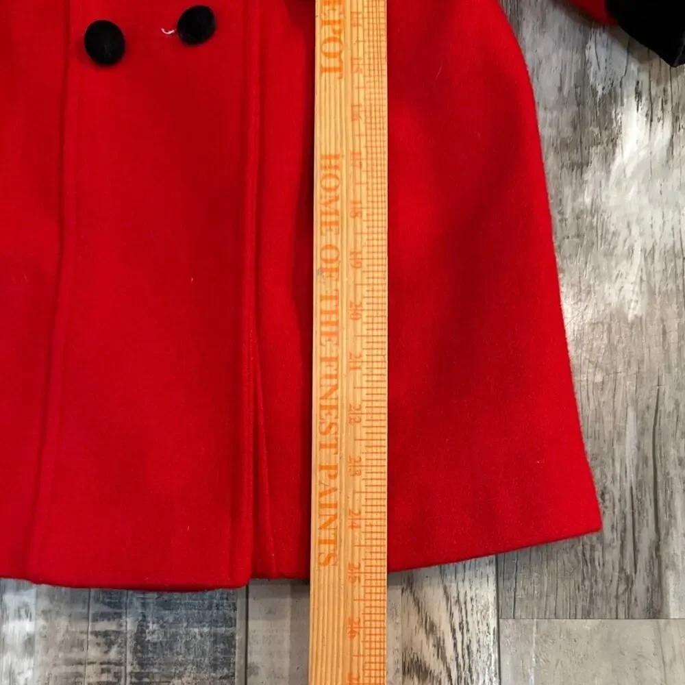 Vintage Braetan Kids Poppy Red GIrls Wool Pea‎ Coat Sz 5 Velvet Trim Made in USA